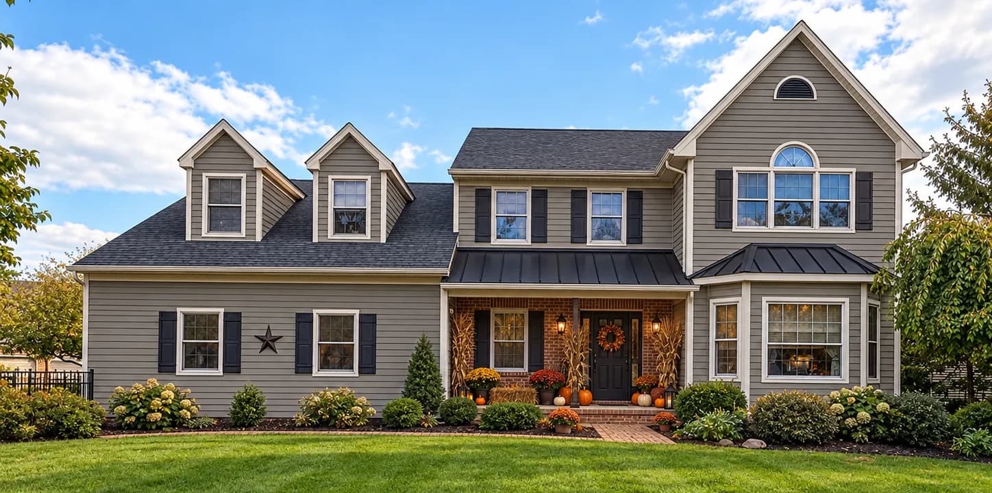 A two-story colonial-style house with dormers and fall decorations on the porch